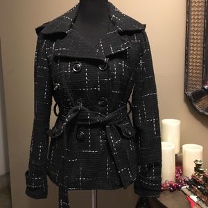 SPRING HOODED PEACOAT BLACK WHITE DOUBLE BREASTED